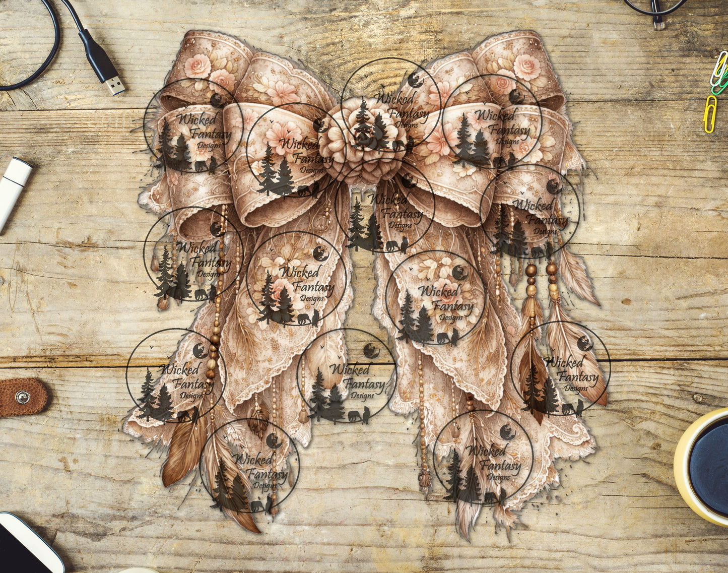 UVDTF Boho Ivory Lace Bow with Feathers