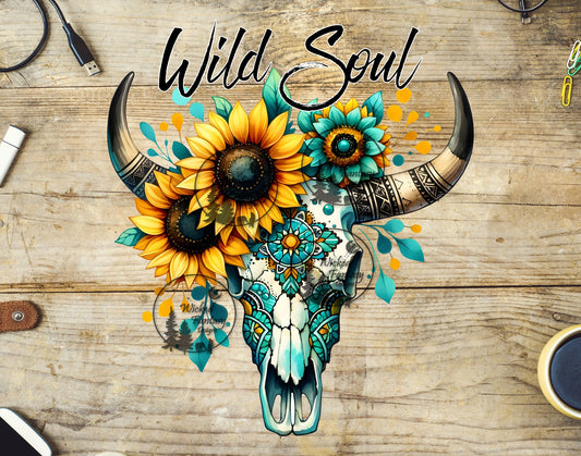 UVDTF Wild Soul Bull Skull with Sunflowers and Aztec