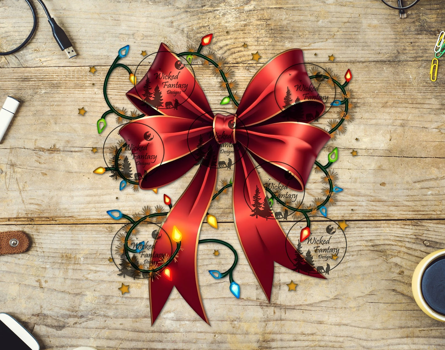 UVDTF Red Bow with Lights and Stars