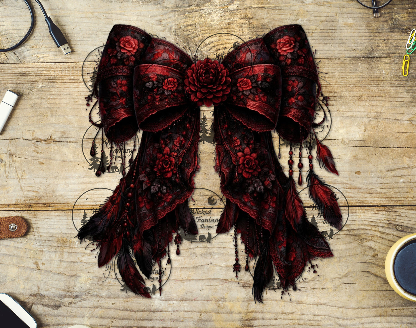 UVDTF Boho Red and Black Bow with Feathers