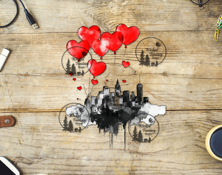 UVDTF City Skyline with Balloon Hearts