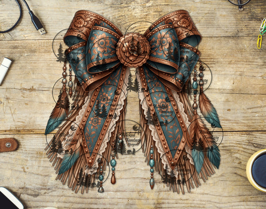 UVDTF Boho Tooled Leather Teal and Rust Bow with Feathers