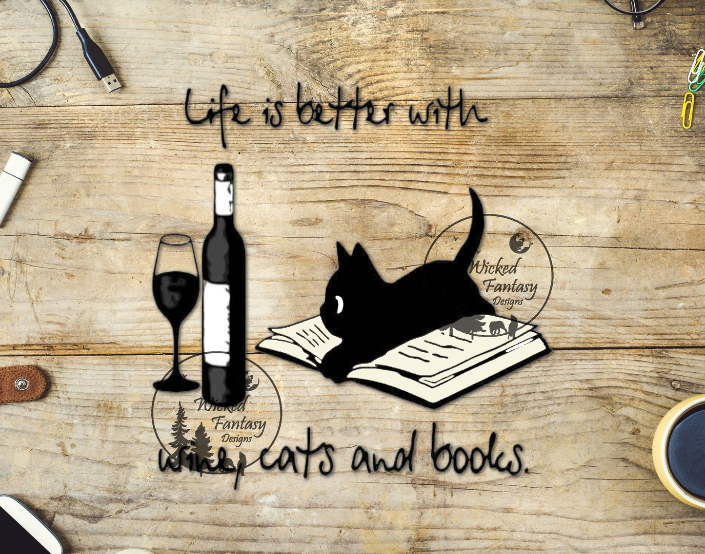 UVDTF Decal Life is Better with Wine Cats and Books 1pc