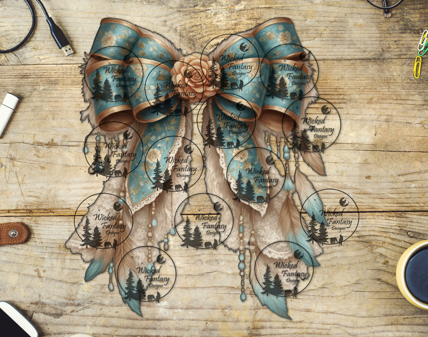 UVDTF Boho Soft Teal Bow with Feathers