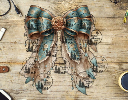 UVDTF Boho Soft Teal Bow with Feathers