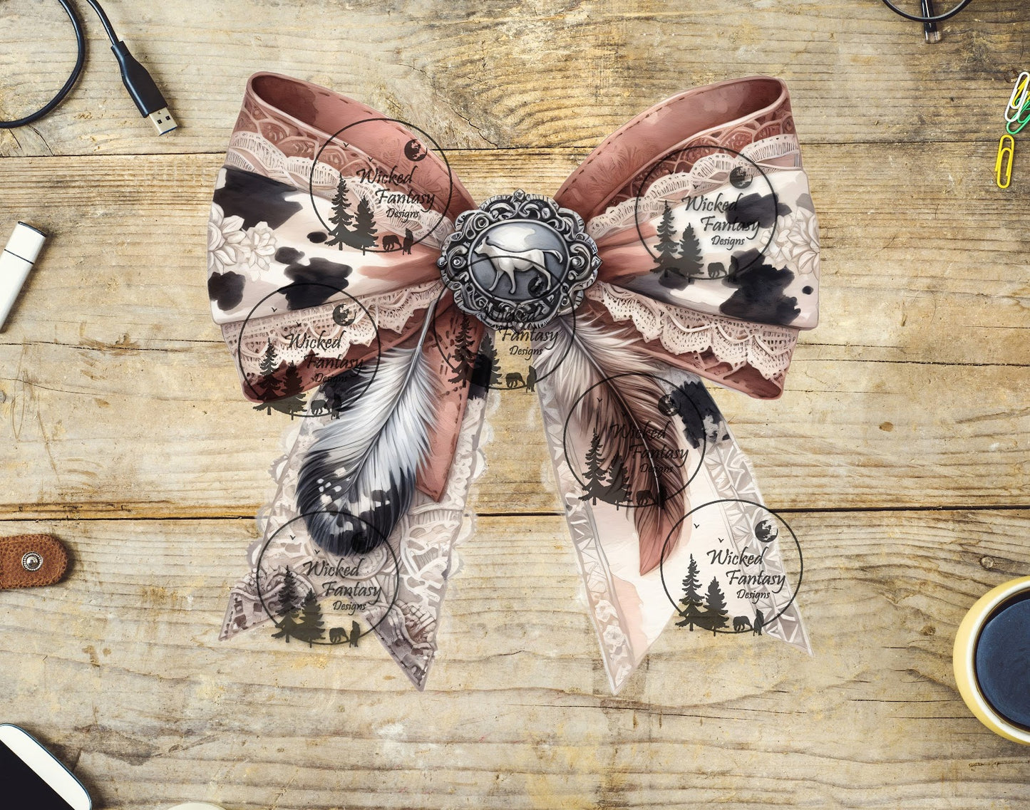UVDTF Cow Print Lace and Feathers Bow