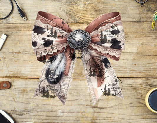 UVDTF Cow Print Lace and Feathers Bow