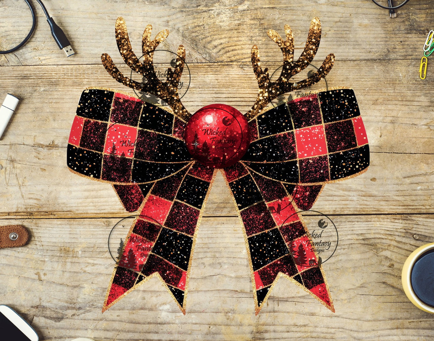 UVDTF Faux Glitter Buffalo Plaid Bow with Reindeer Nose and Antlers