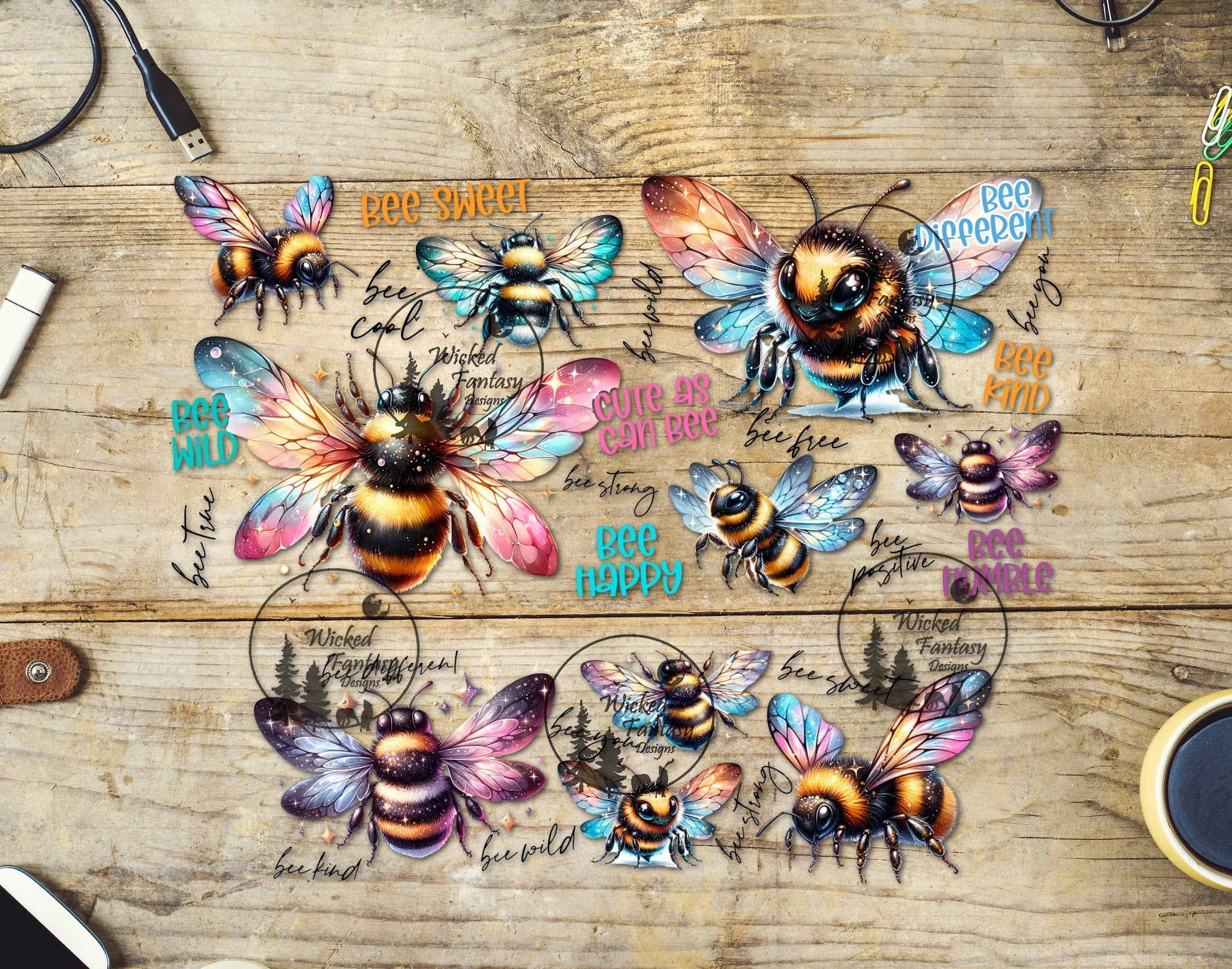 A collection of colorful bee graphics and text transfers designed for use on various surfaces like tumblers and bumpers.