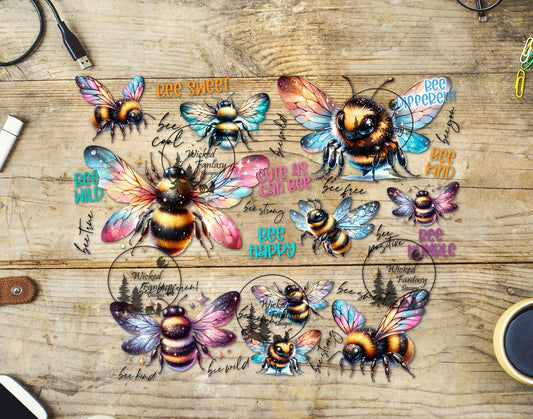 A collection of colorful bee graphics and text transfers designed for use on various surfaces like tumblers and bumpers.