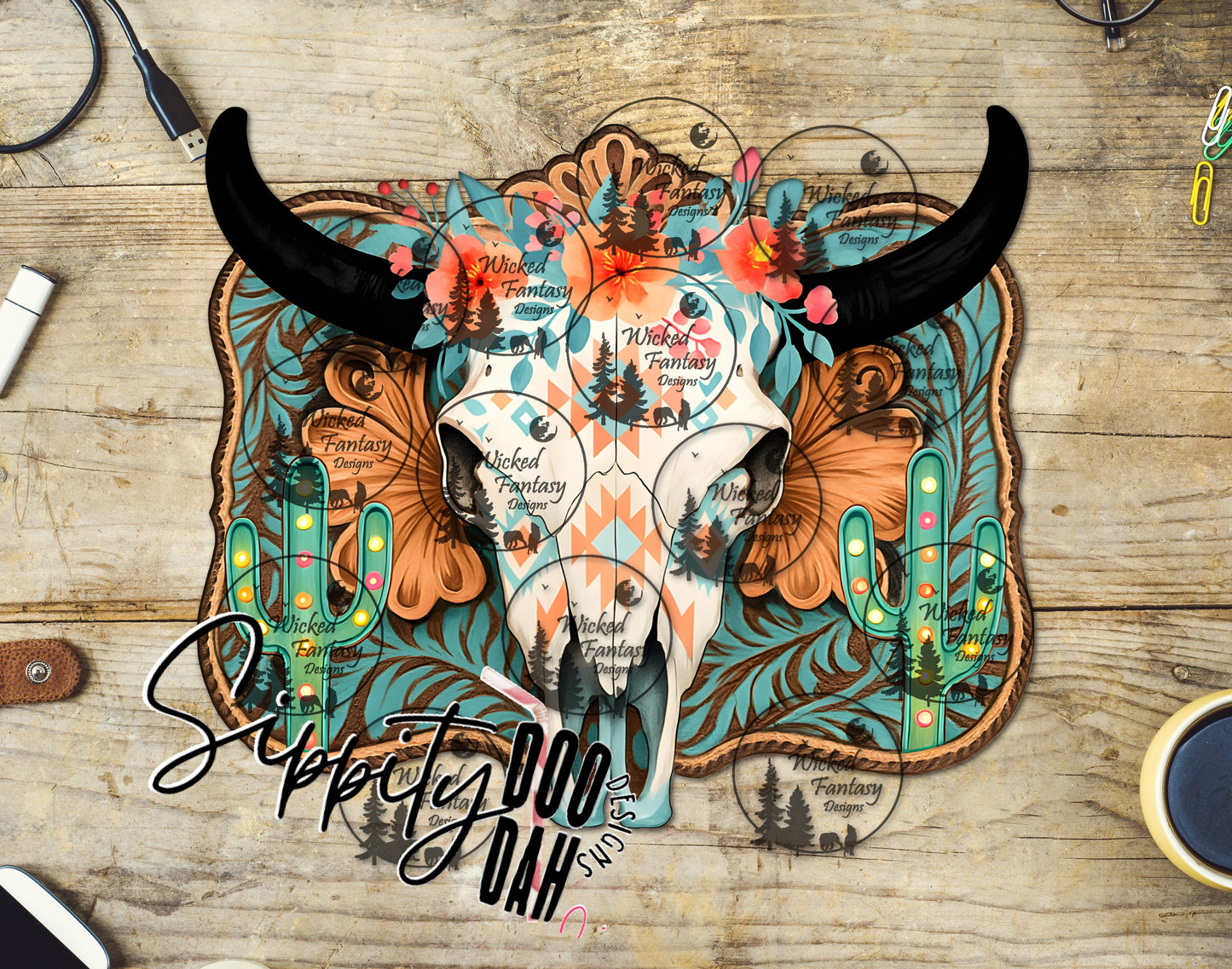 UVDTF Tooled and Adorned Cow Skull