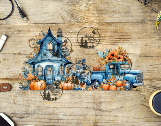 UVDTF Old Truck and Autumn House with Pumpkins 16oz 40oz Tumbler Wrap Element