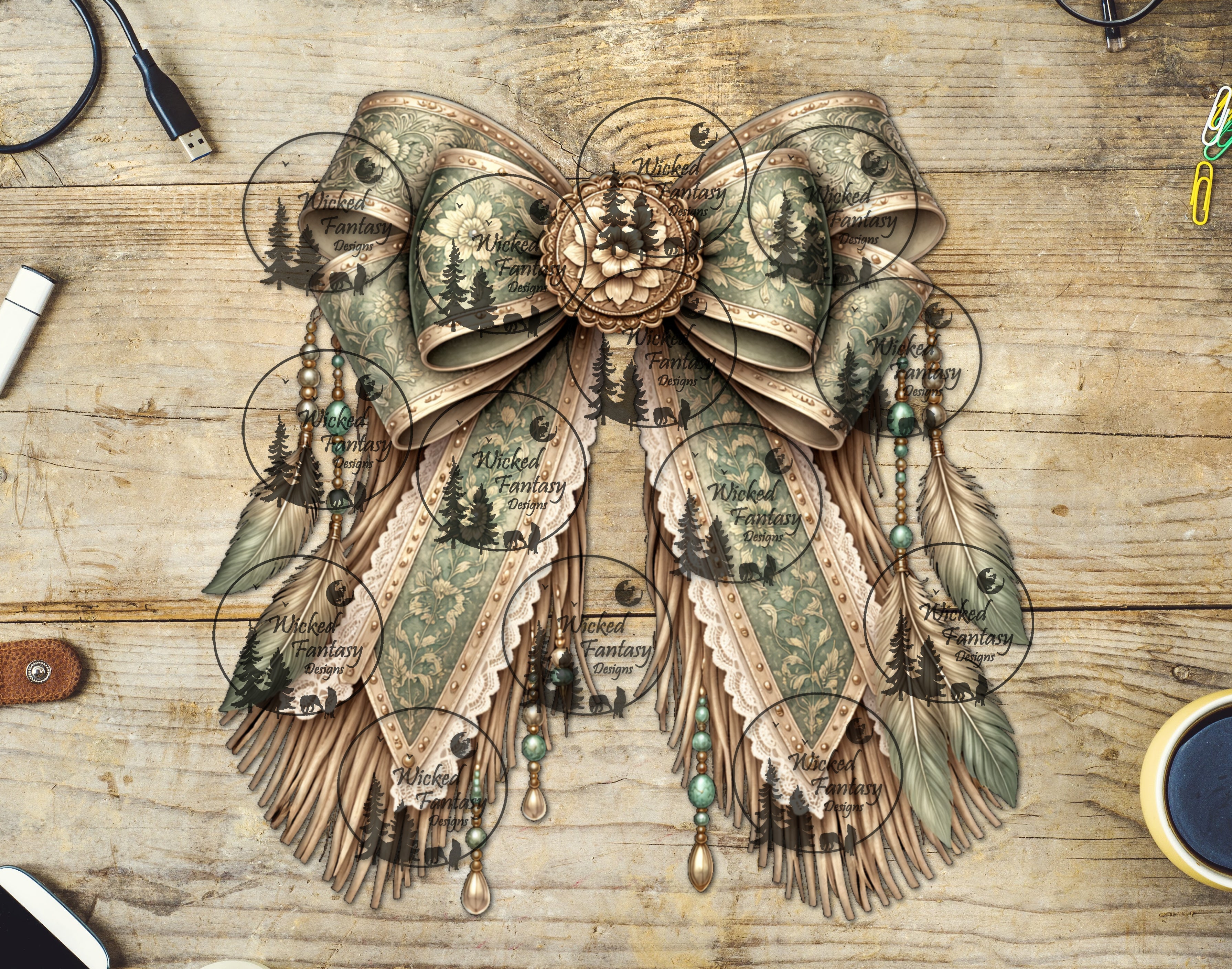 UVDTF Boho Tooled Sage Bow with Feathers – Wicked Fantasy Designs