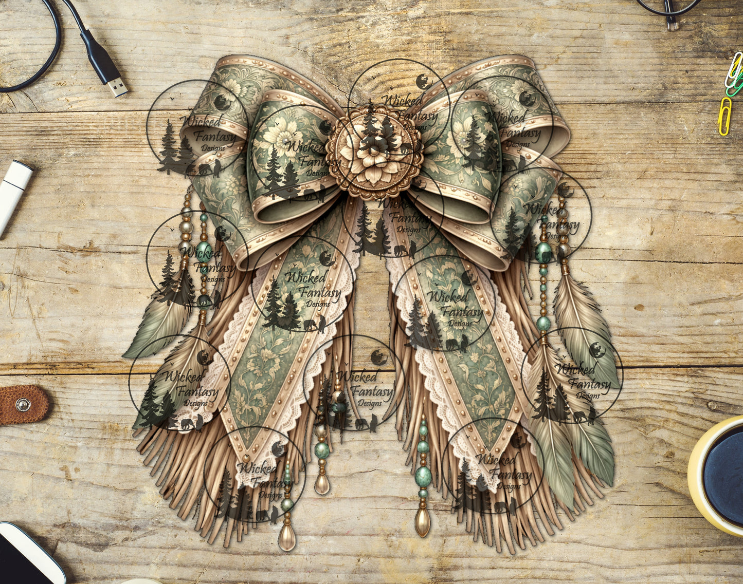 UVDTF Boho Tooled Sage Bow with Feathers