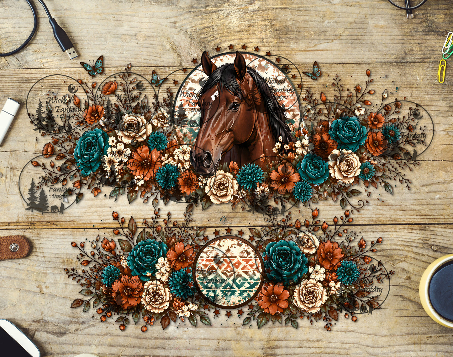 UVDTF Bay Horse with Teal and Rust Florals 16oz 40oz Tumbler Wrap