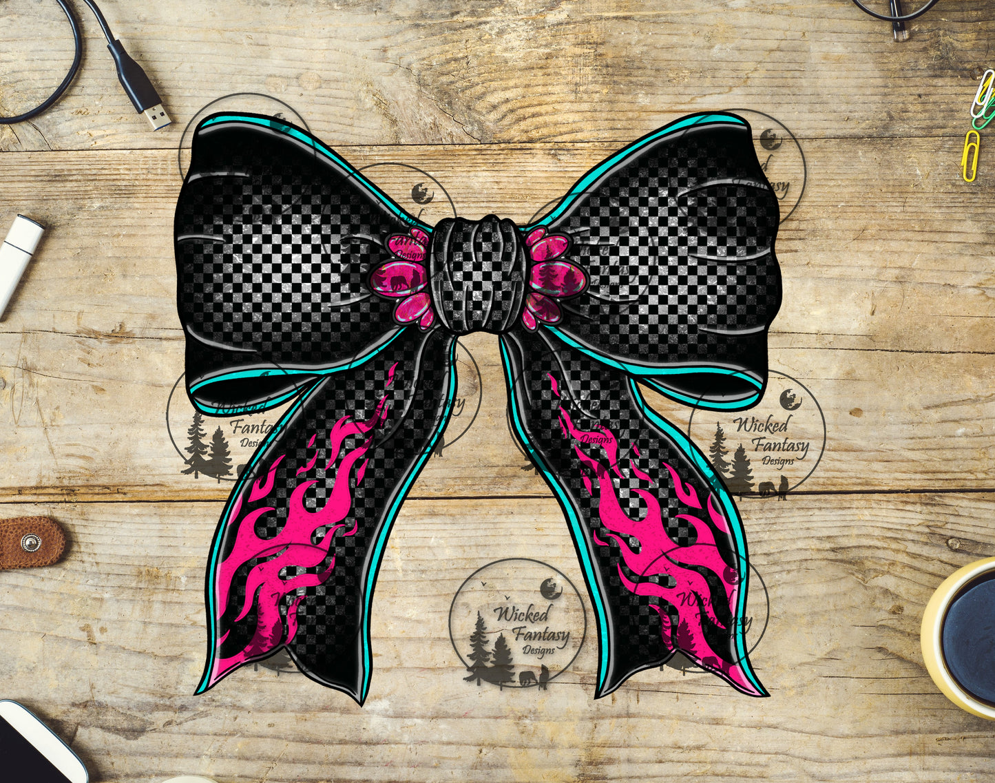 UVDTF Black Checkered Bow with Pink Flames