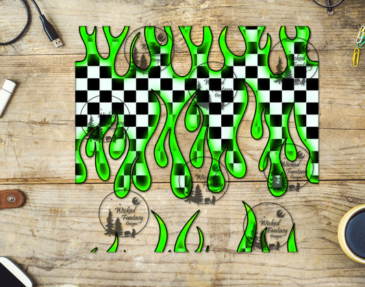UVDTF Lime Green Checkered Flames 20oz 30oz 10"x10" Element