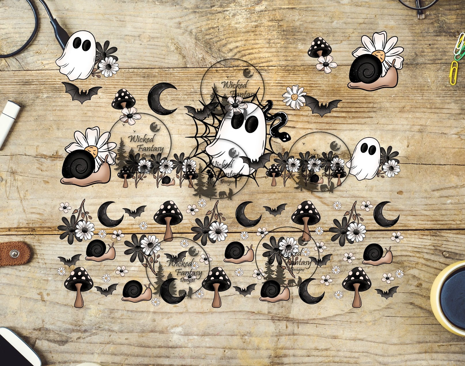 Decorative elements including ghosts, flowers, and bats