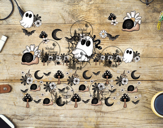 Decorative elements including ghosts, flowers, and bats
