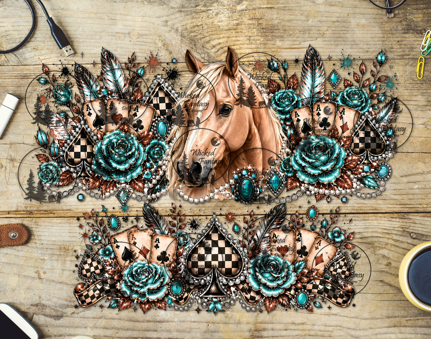 UVDTF Palomino Horse Spades and Aqua Florals 16oz 40oz Tumbler Wrap