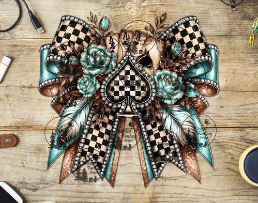 UVDTF Aqua Floral Checkered Spade Bow