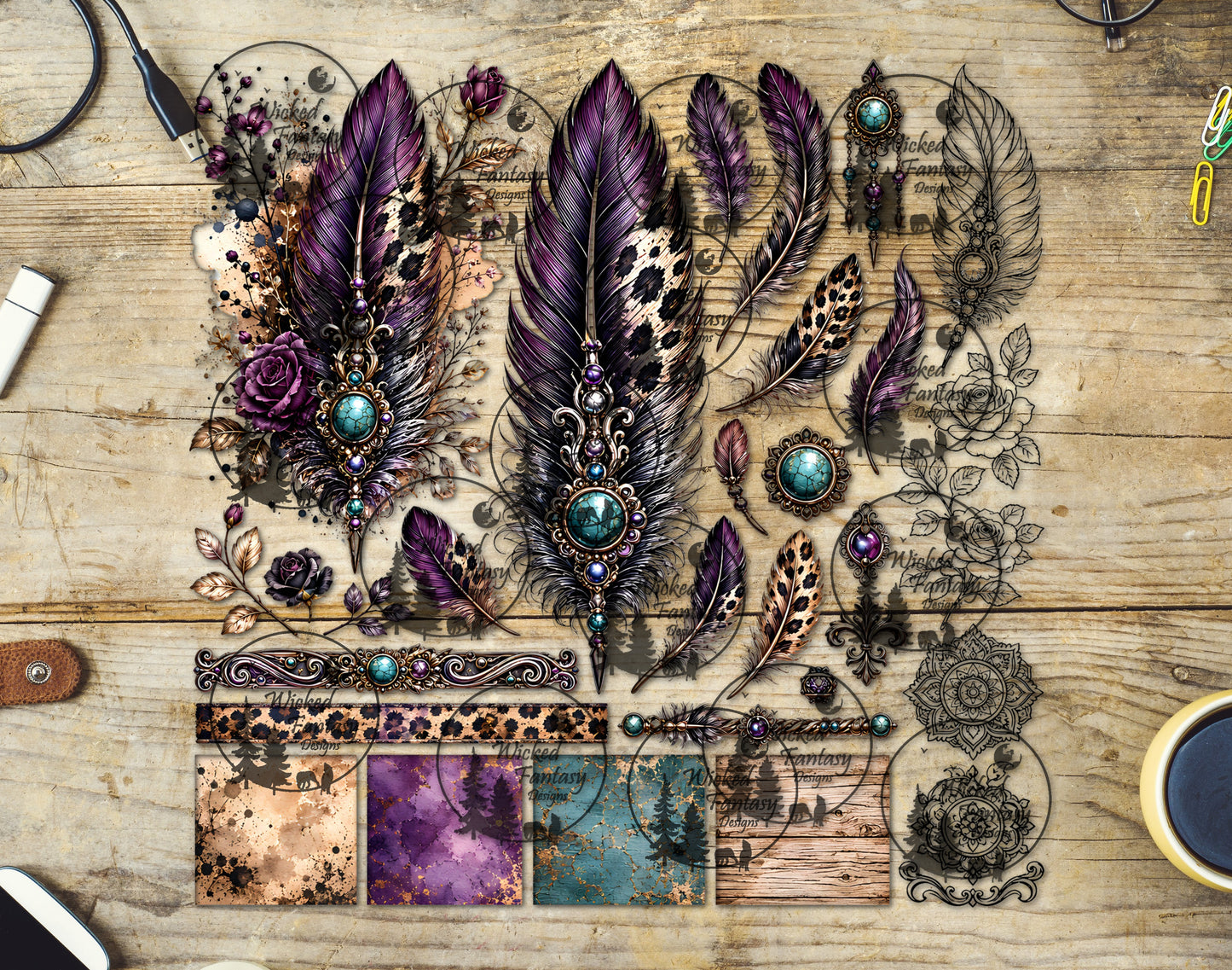 UVDTF Amethyst Leopard Luxe Feathers 12x12" Multimedia Element Sheet