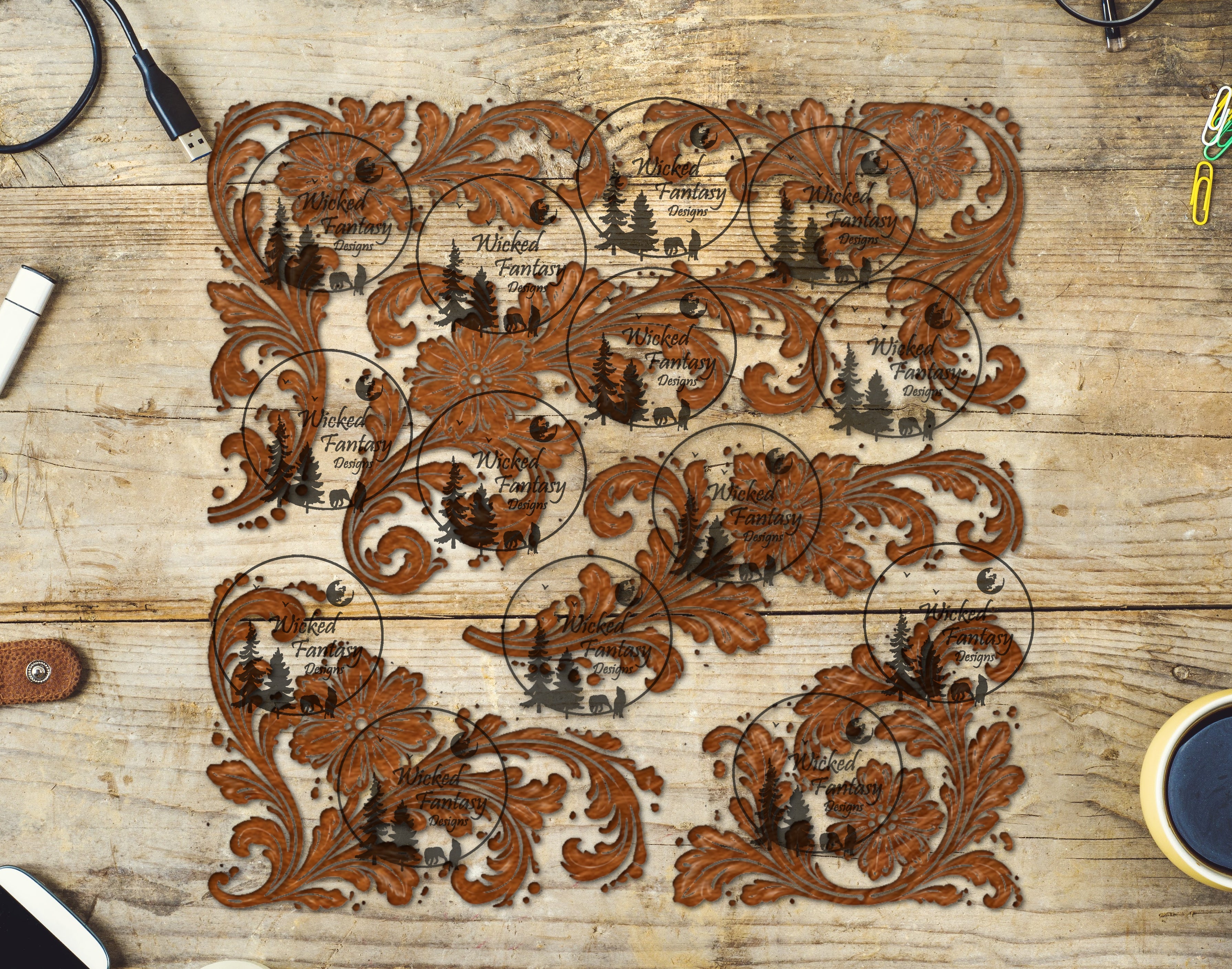 UVDTF Tooled Leather Floral Toss 20oz 30oz – Wicked Fantasy Designs