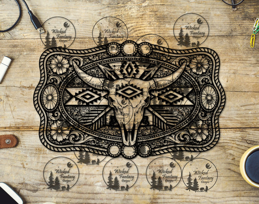 UVDTF Cow Skull Western Belt Buckle Line Art