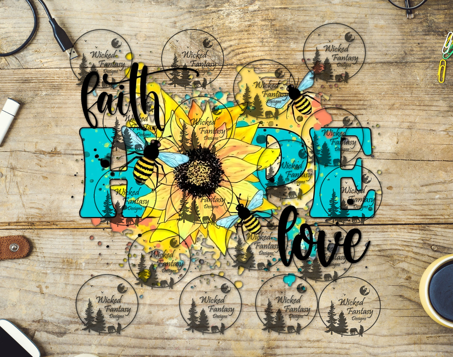 UVDTF Faith Hope Love Sunflower Bee