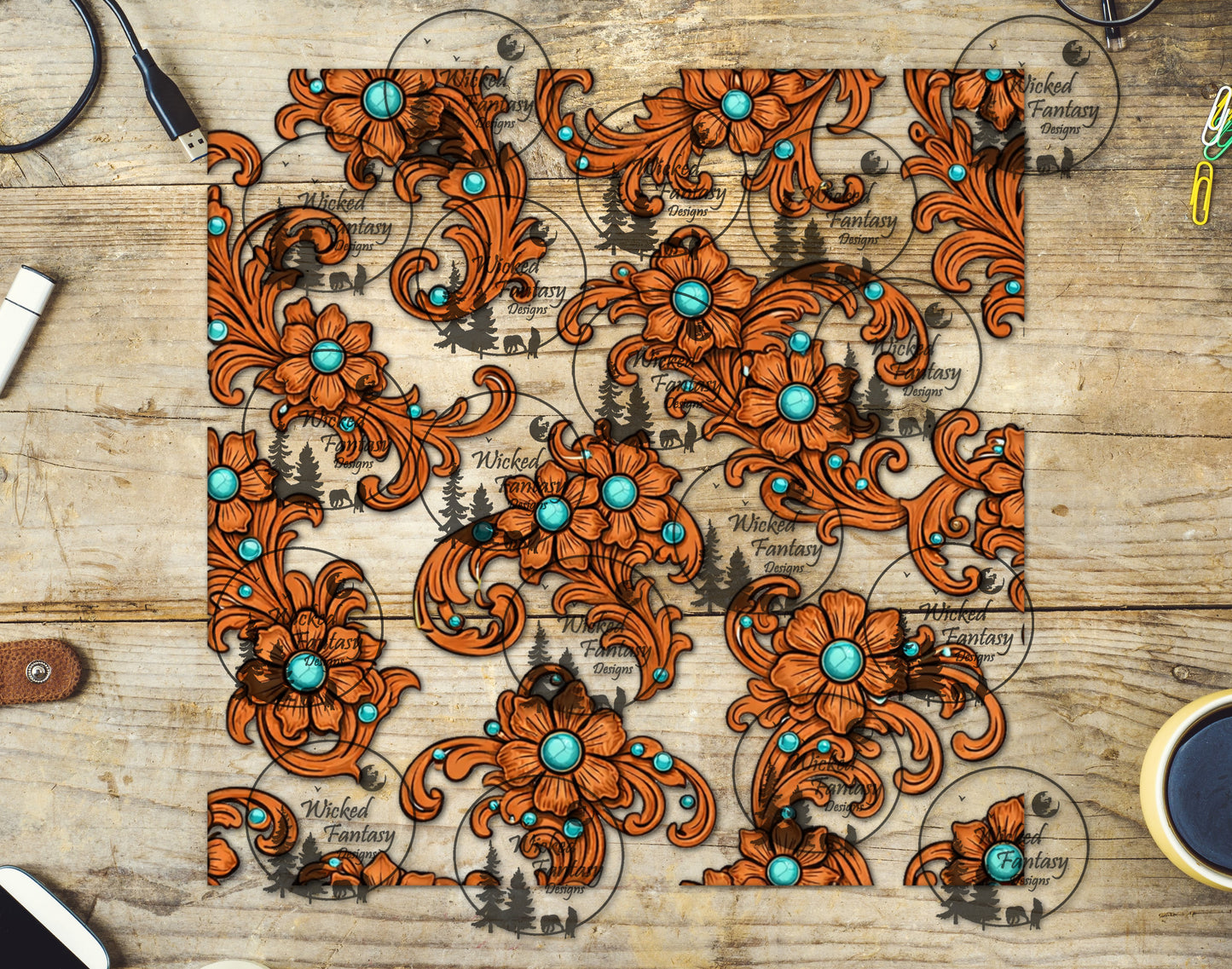 UVDTF Tooled Leather Concho Swirls 20oz 30oz 10x10"
