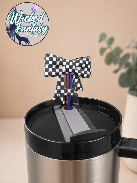 Checkered Bow Silicone Straw Topper