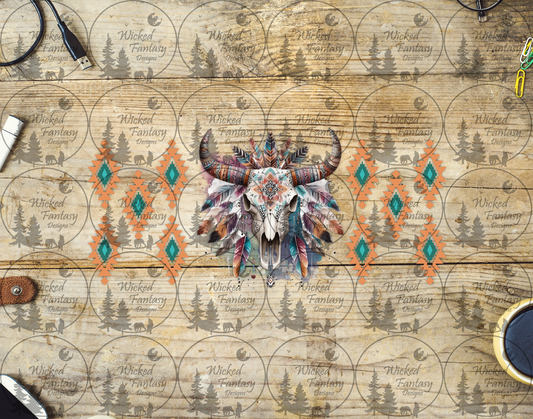UVDTF Aztec Cow Skull and Feathers Orange Teal 16oz 40oz