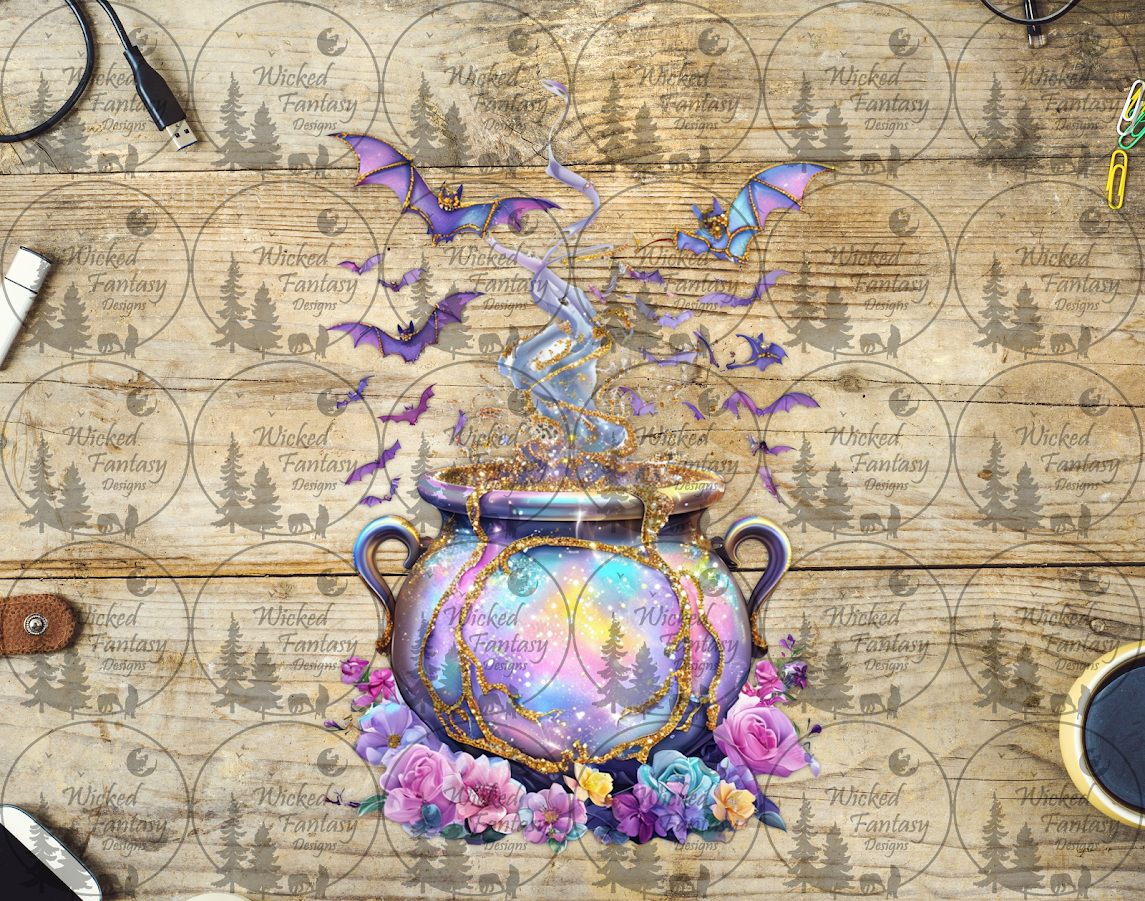 UVDTF Cauldron Atop Bed of Flowers with Bats