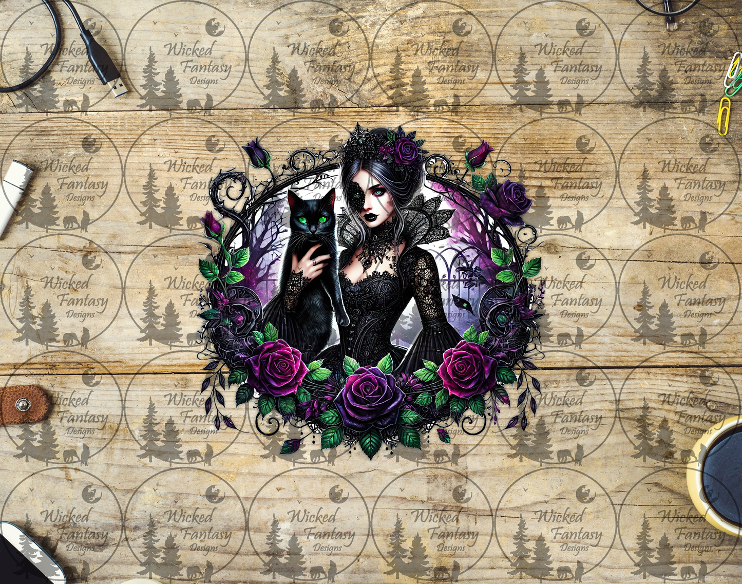 UVDTF Spooky Woman with Cat and Purple Roses