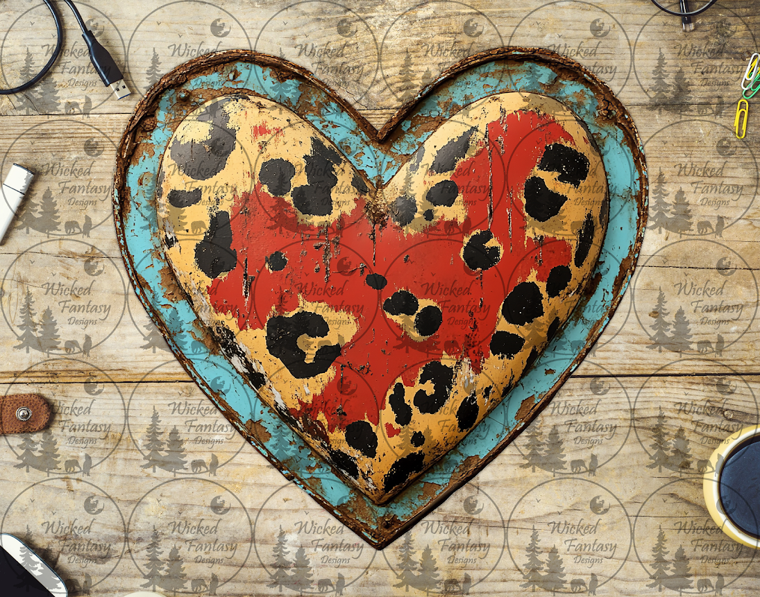 UVDTF Grungy Heart with Leopard Print