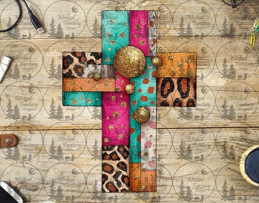 UVDTF Colorful Patchwork Grunge Cross with Leopard Print
