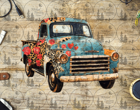 UVDTF Vintage Truck with Leopard Roses and Hearts