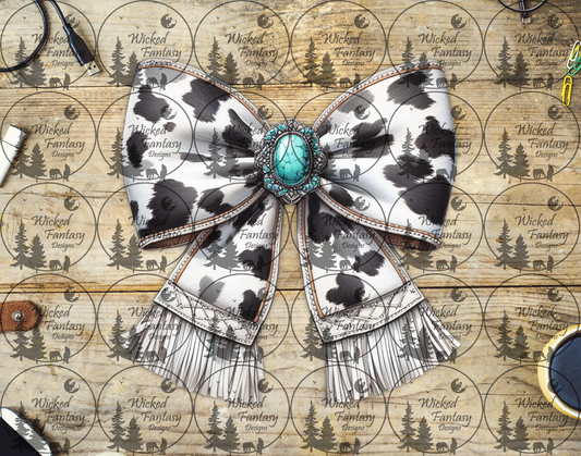 UVDTF Light Cow Print Bow with Turquoise Concho