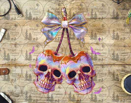 UVDTF Faux Iridescent White Pair of Skull Cherries with Bow