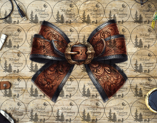 UVDTF Tooled Leather Bow with Belt Buckle
