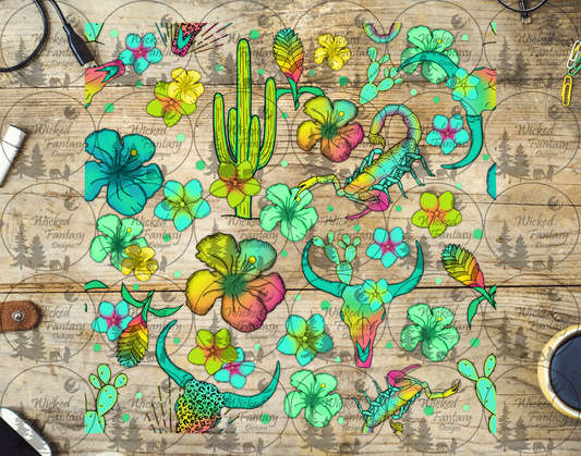 UVDTF Neon Rainbow Western Cow Skulls Scorpions Hibiscus 20oz 30oz 10"x10"