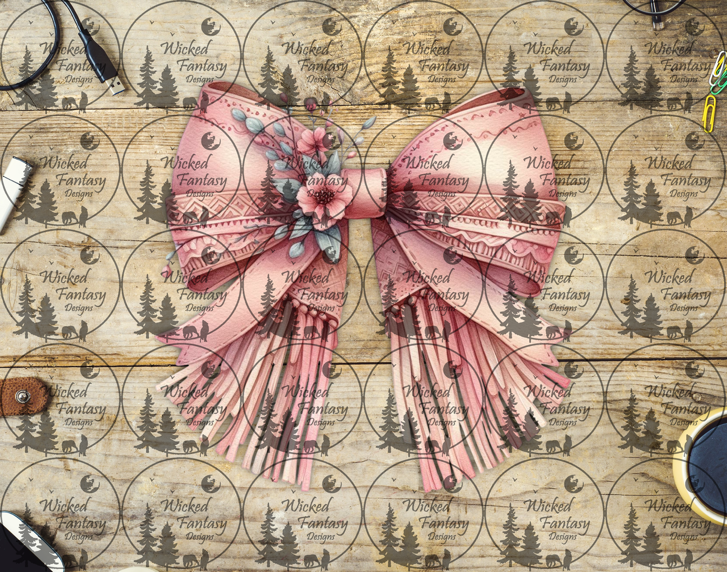 UVDTF Pink Bow with Flower Brooch and Fringe
