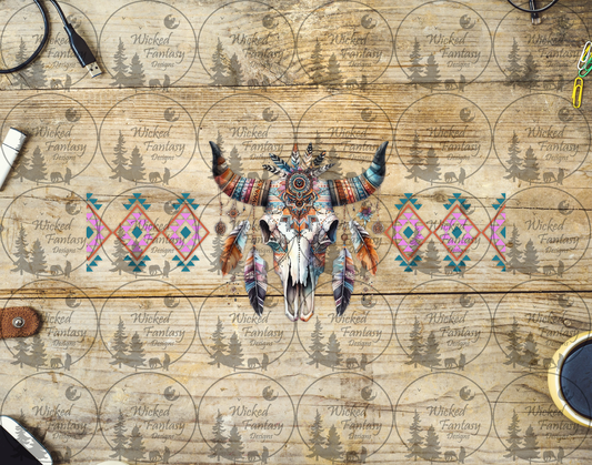 UVDTF Aztec Cow Skull and Feathers Pink Orange Teal 16oz 40oz