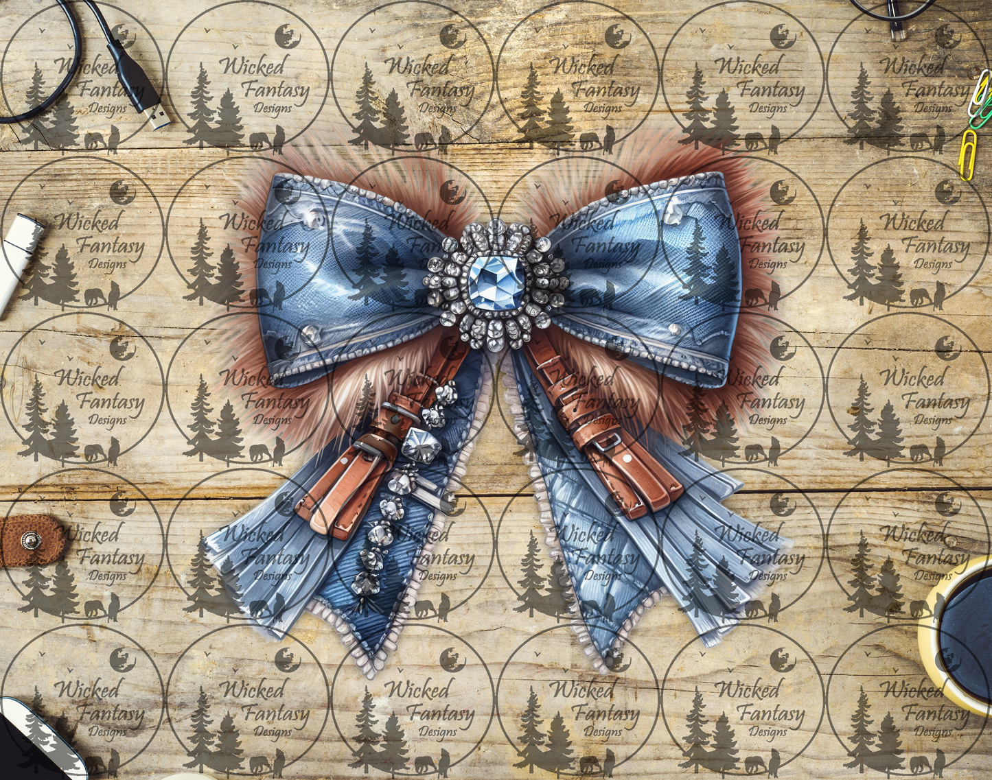 UVDTF Jeweled Denim Bow with Fur Fringe