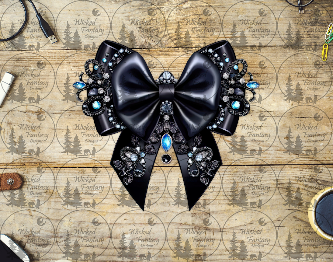 UVDTF Jeweled Black Double Bow with Blue Stones – Wicked Fantasy Designs