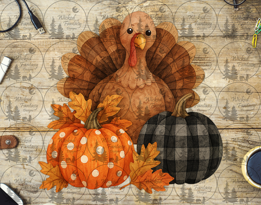UVDTF Turkey with Cute Polka Dot and Plaid Pumpkin