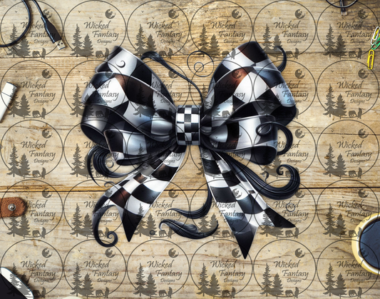 UVDTF Black and White Checkered Bow with Swirls