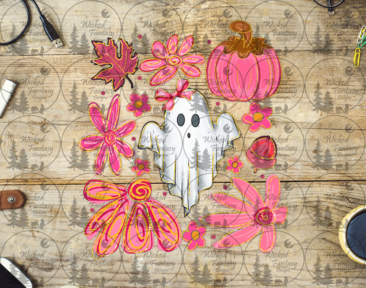 UVDTF Cute Ghost with Painted Flowers and Pumpkin