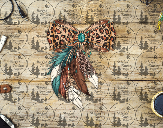 UVDTF Jeweled Leopard Print Bow with Feathers