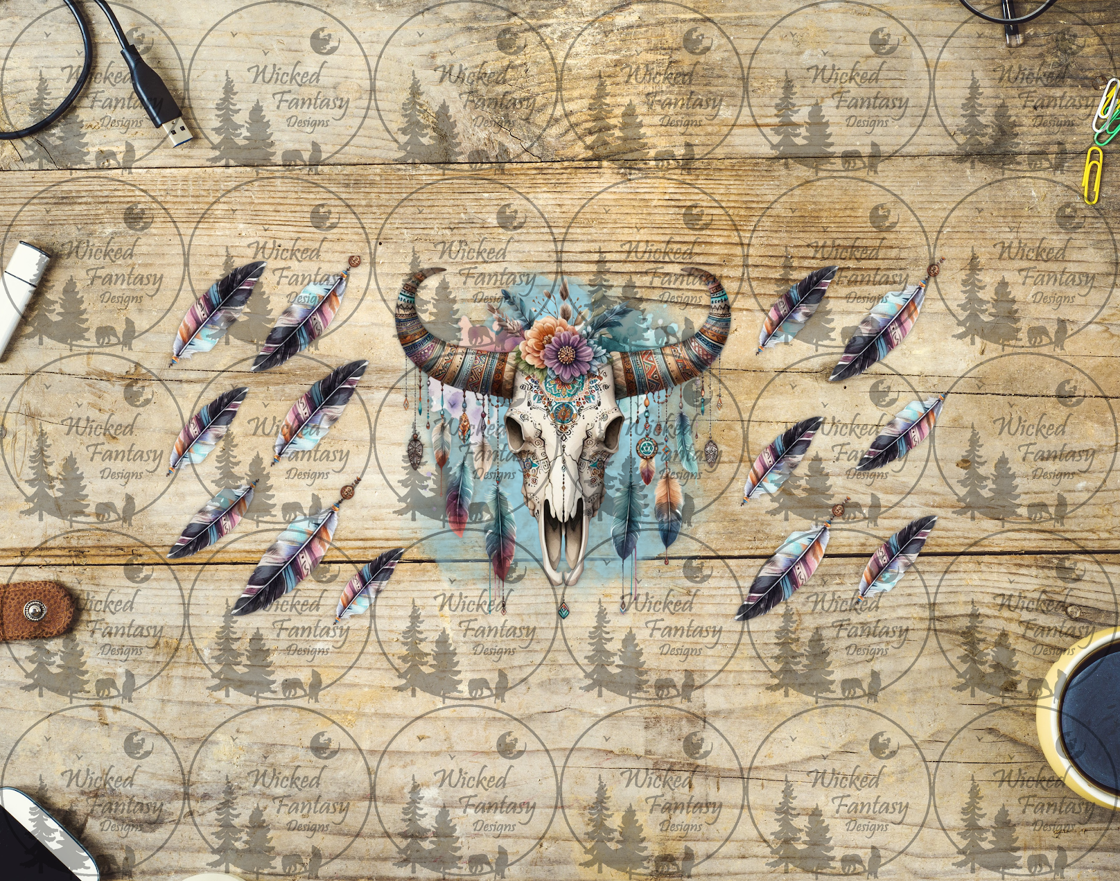 UVDTF Aztec Cow Skull and Feathers 16oz 40oz – Wicked Fantasy Designs